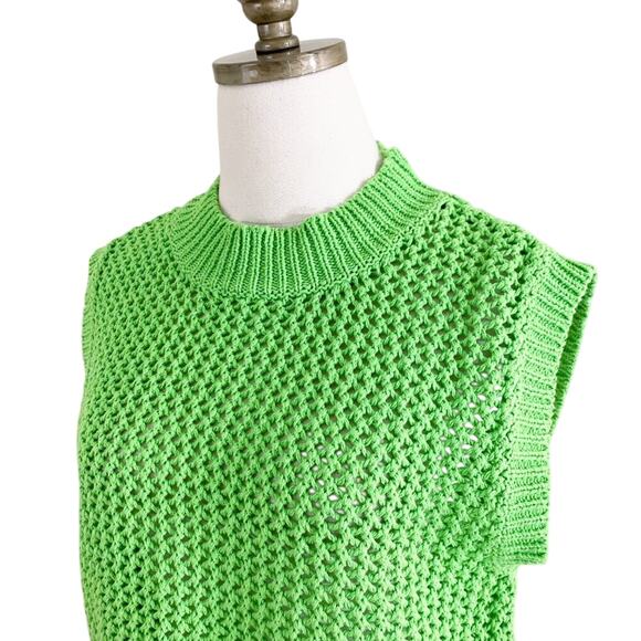 NWT Self Contrast Lime Green Open Knit Sweater Vest Women's Sz Medium Crew Neck - Picture 2 of 6
